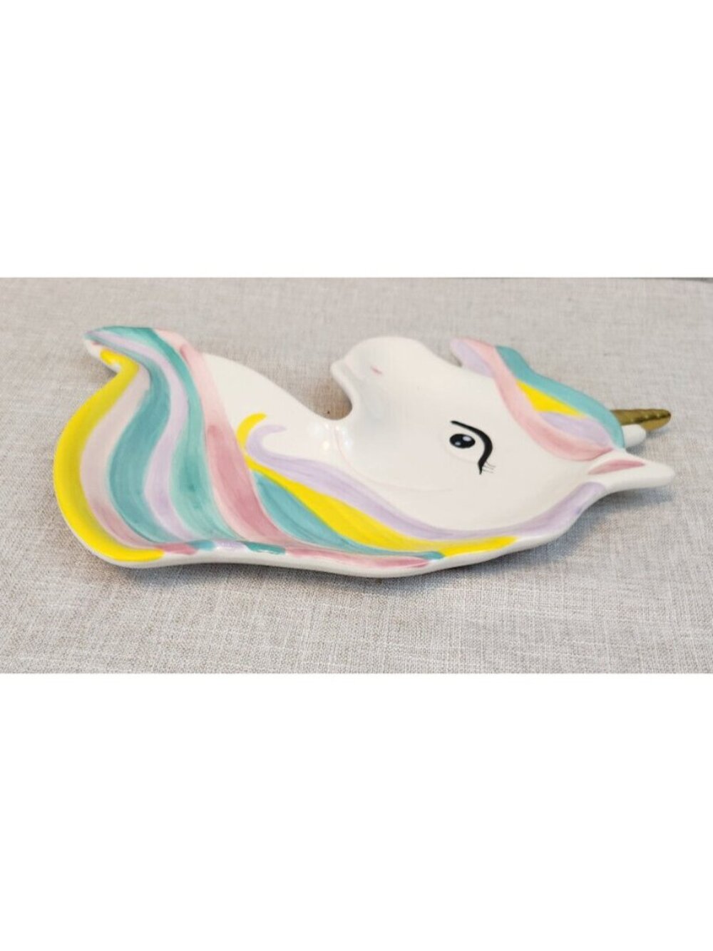 Ceramic Unicorn Cookie Plate Color Mane Gold Look Horn Cracker Barrel 12"L x 7" - Picture 3 of 6